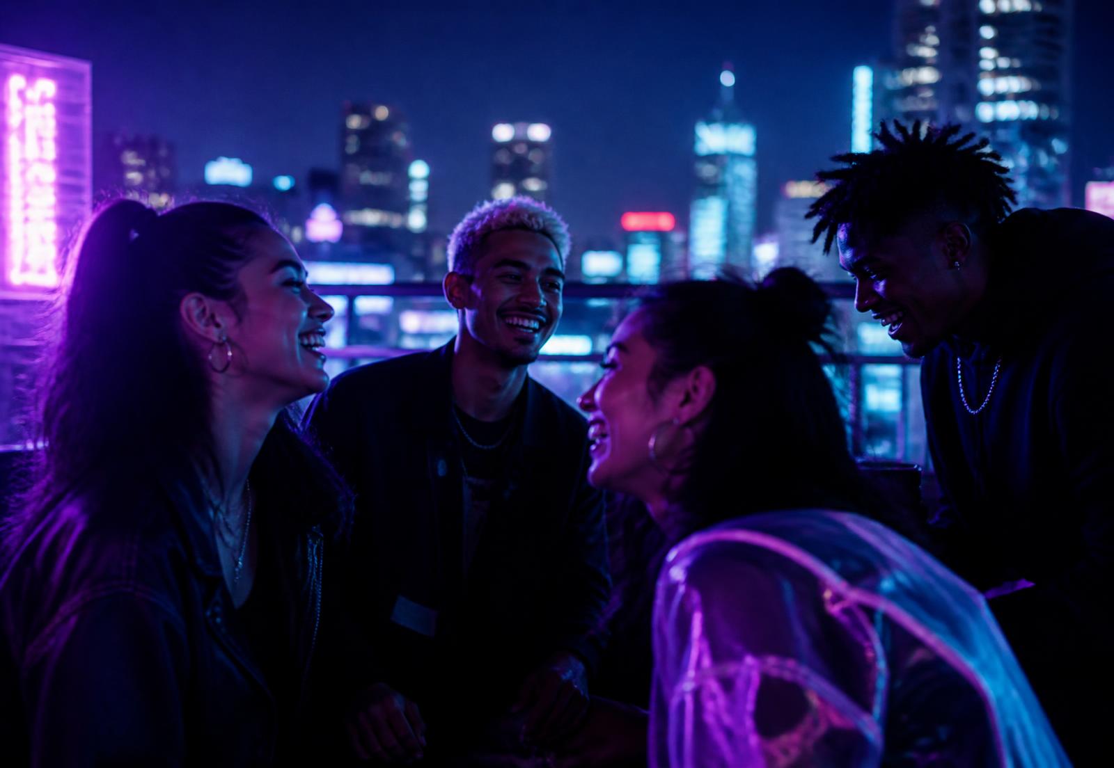 Friends laughing together on a neon-lit city rooftop at night